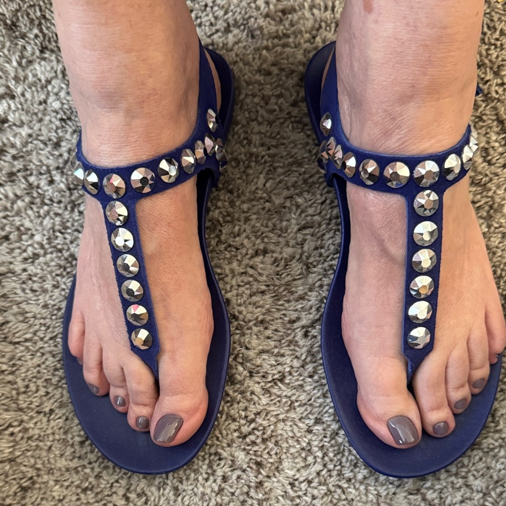 Pedro Garcia Navy Blue T-Strap Sandals with Faceted Silver Studs